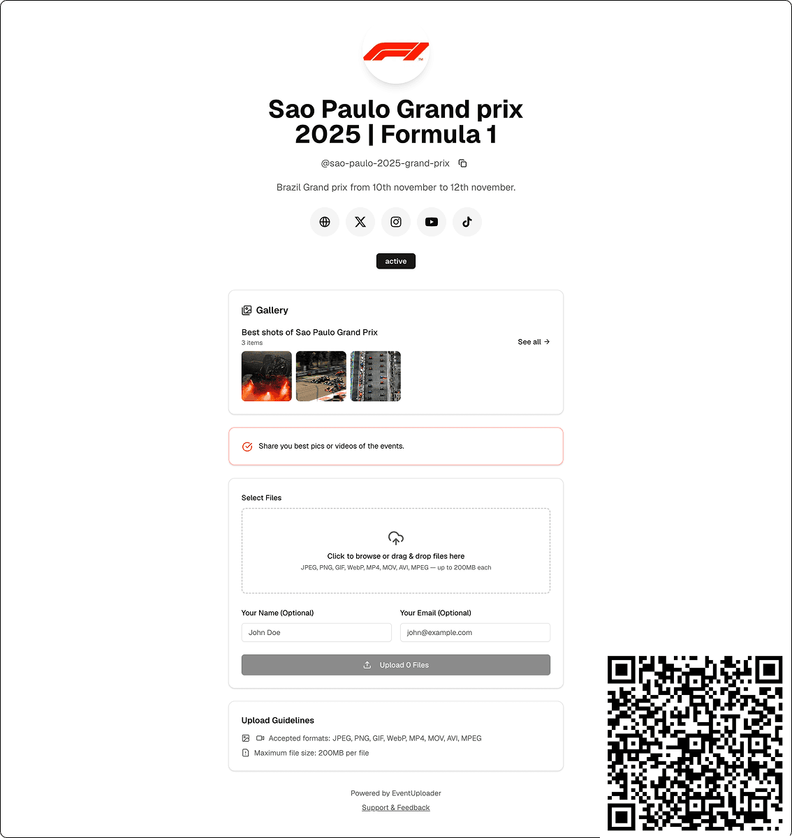 Exemple de page d'upload d'événement
