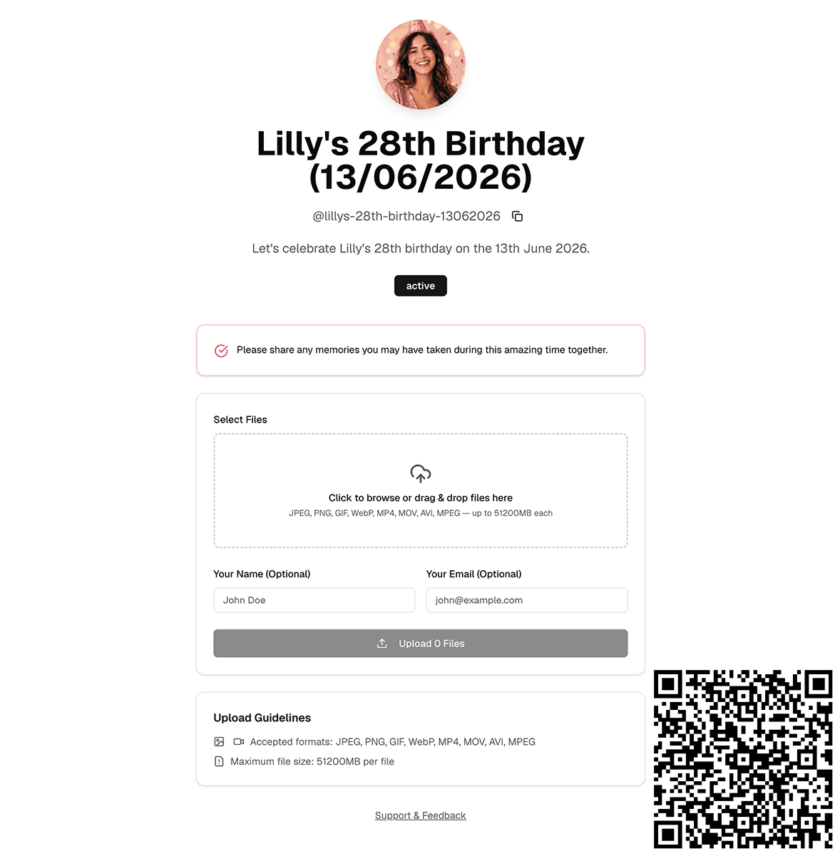 Exemple de page d'upload d'événement